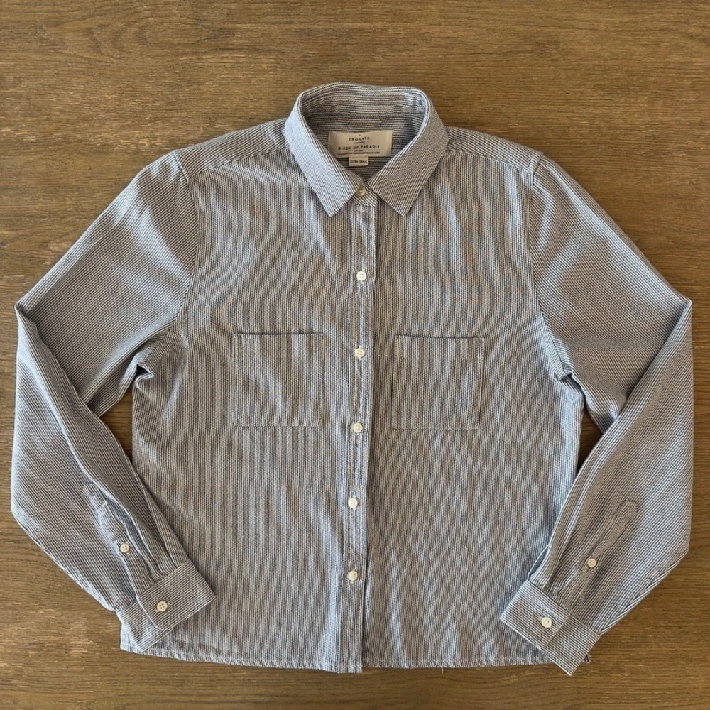 Trovata Birds of Paradis Striped Button Up Boxy Long Sleeve Shirt 100% Cotton-XS
